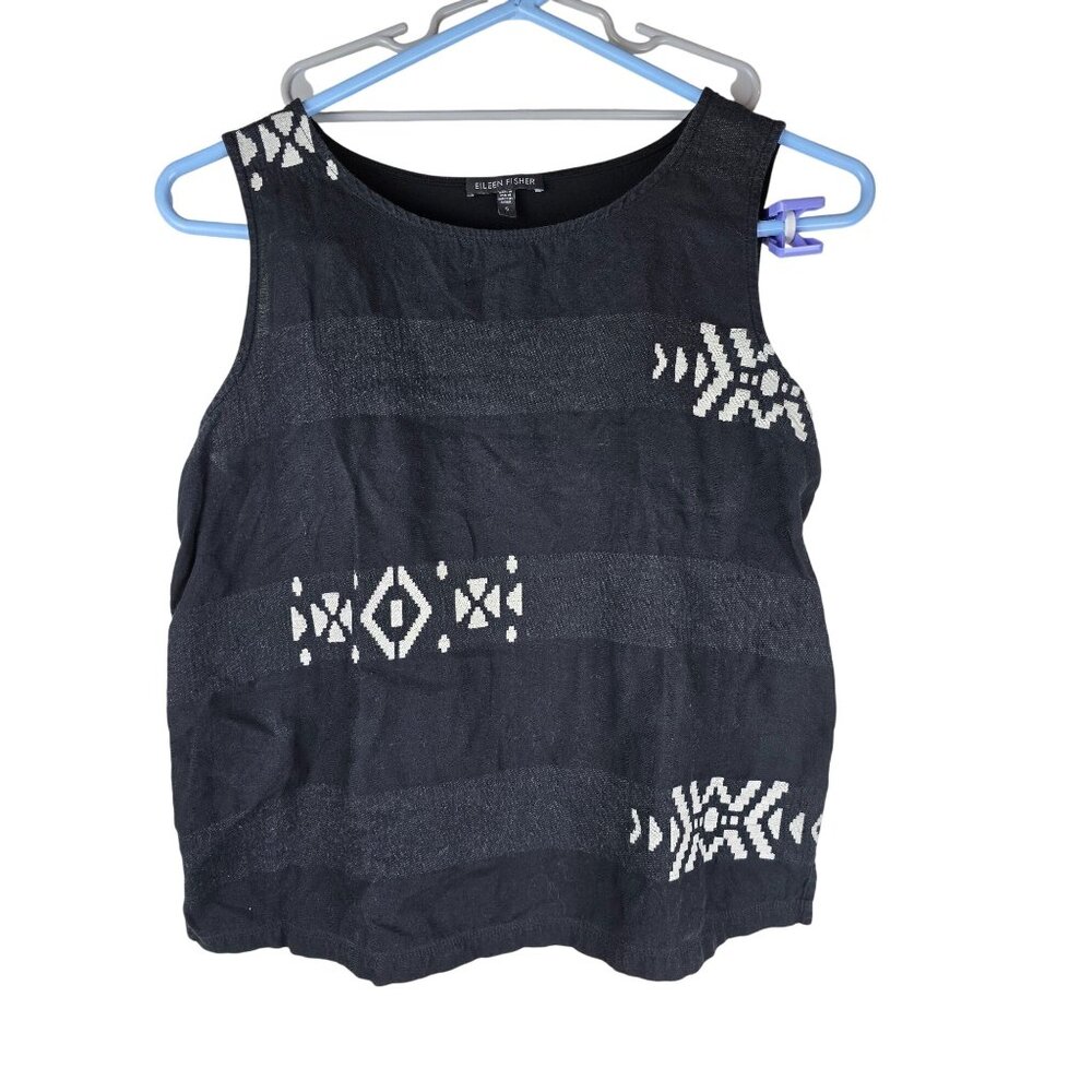 EILEEN FISHER Tank Top S Large Cotton Jacquard Scoop Neck Sleeveless Black White